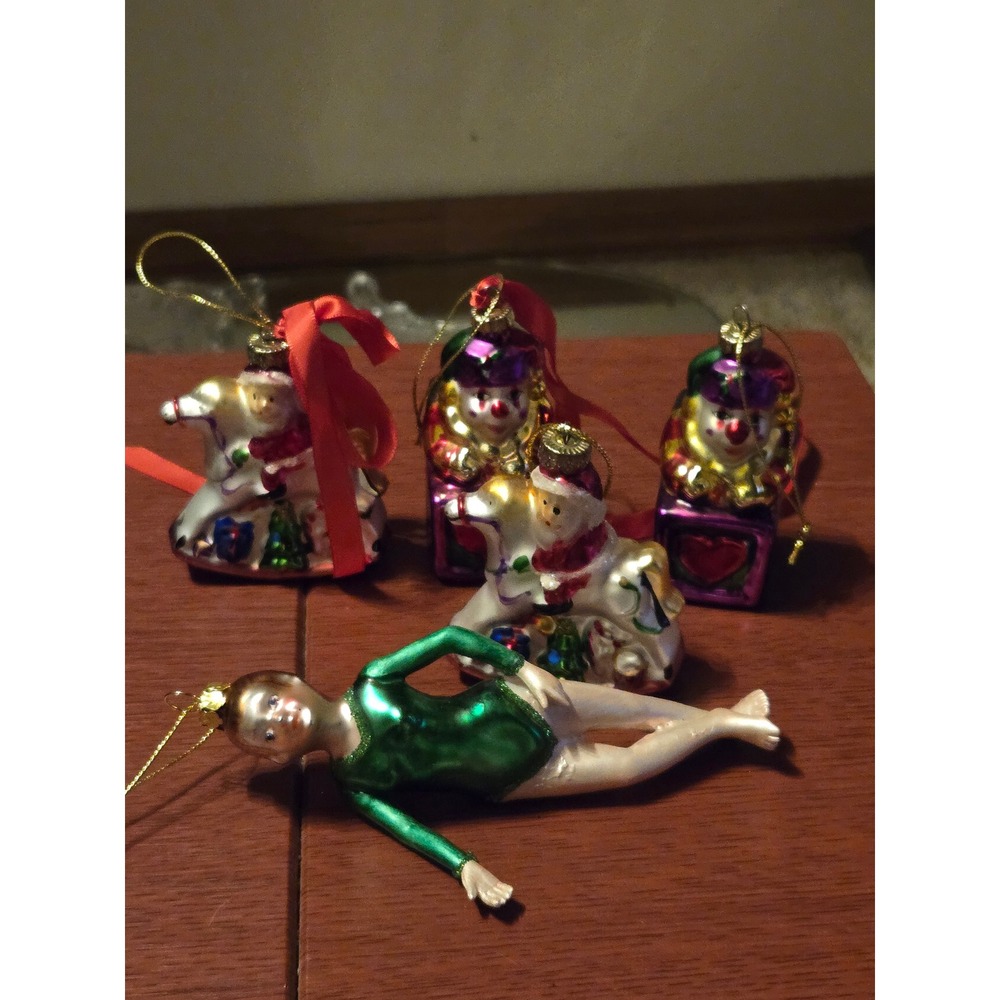 Vintage Blown Glass Christmas Ornaments Set‎ 5 Clown Santa Rocking Horse Gymnast